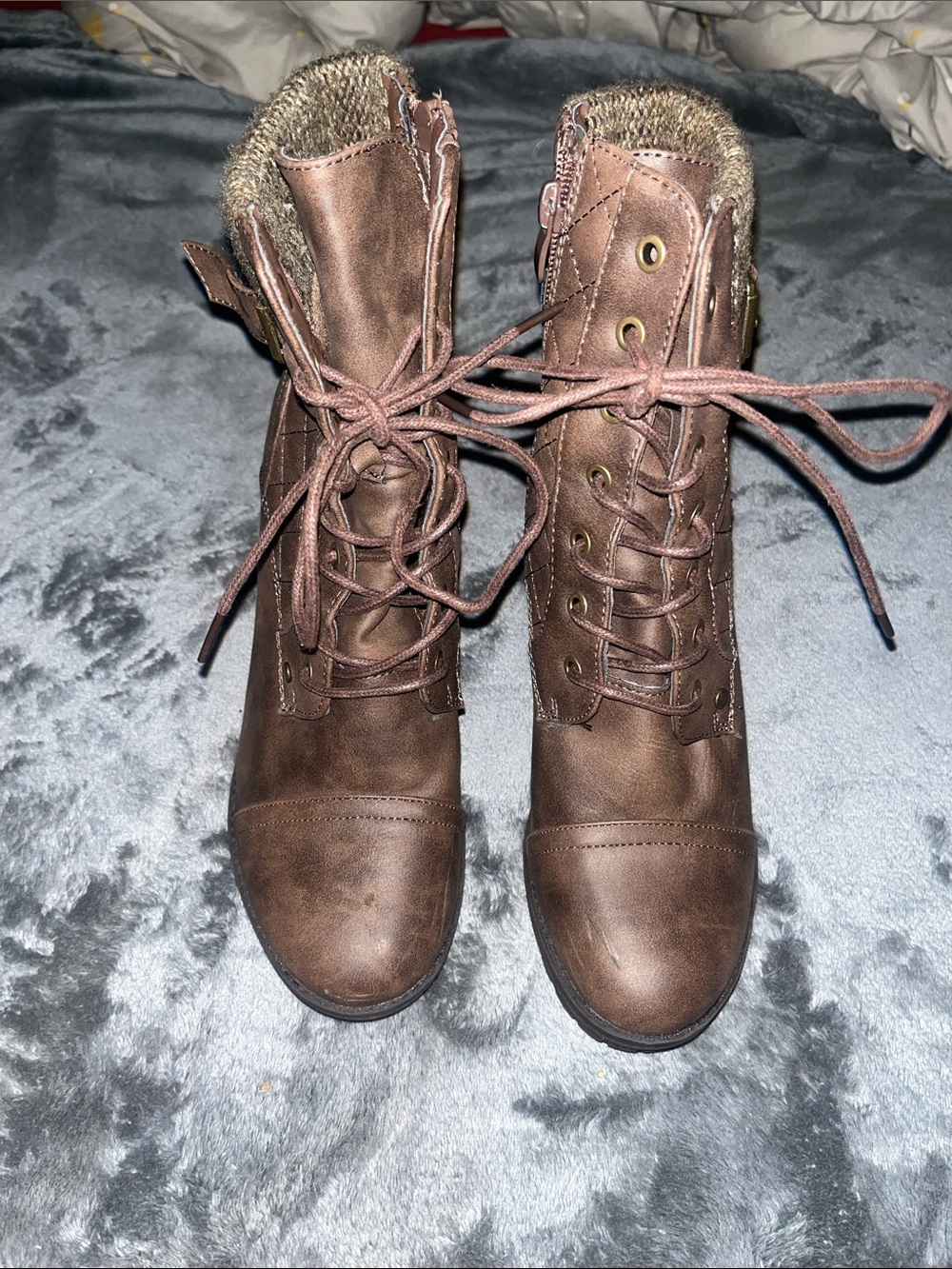Global Win Brown Lace-Up Fur Collar Combat Boots